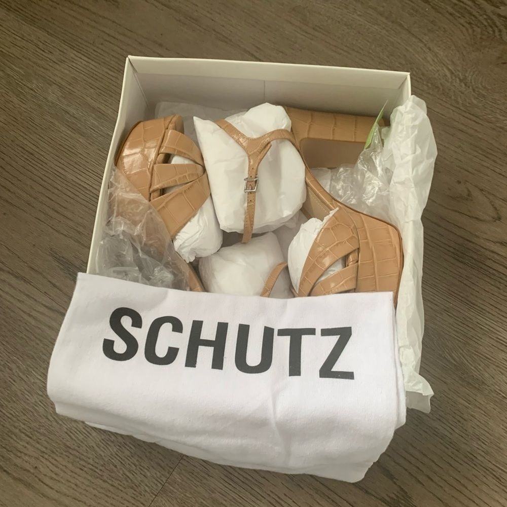 SCHUTZ Keefa Platform Heels Size 10 Nude Beige Croc Embossed Leather Sandals NWB - Picture 12 of 16